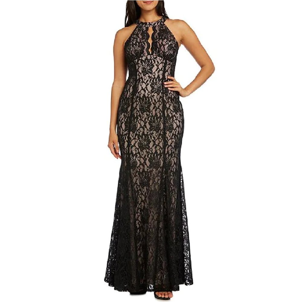 R & M Richards Size 8 Glitter Lace Halter Neck Sleeveless Mermaid Dress